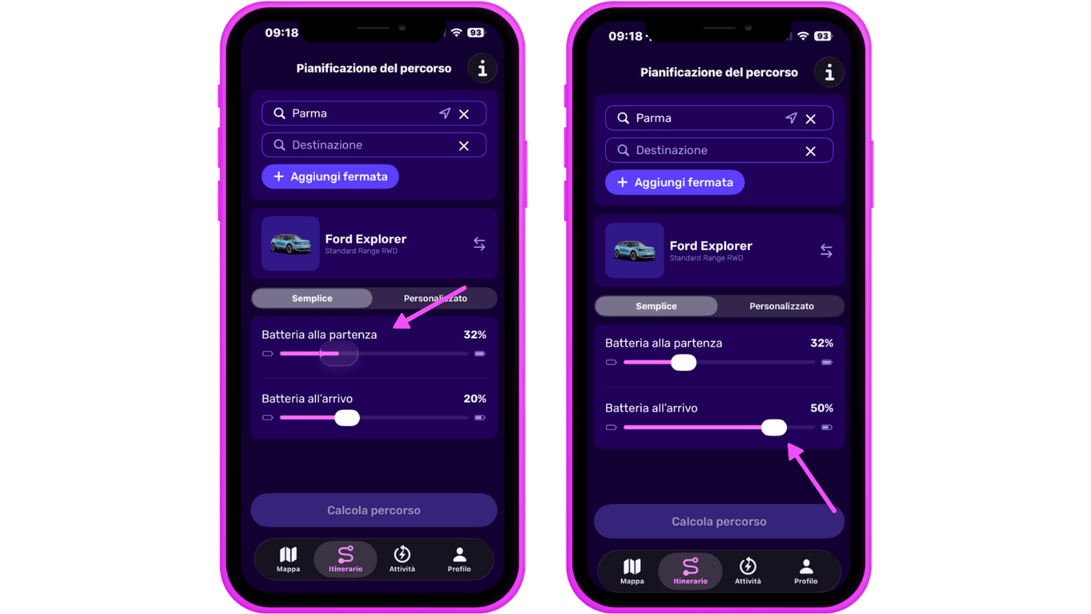 Due schermi di smartphone mostrano un'app per la pianificazione del percorso in italiano, visualizzando i livelli di carica della batteria di una Ford Explorer e le opzioni per aggiungere tappe.