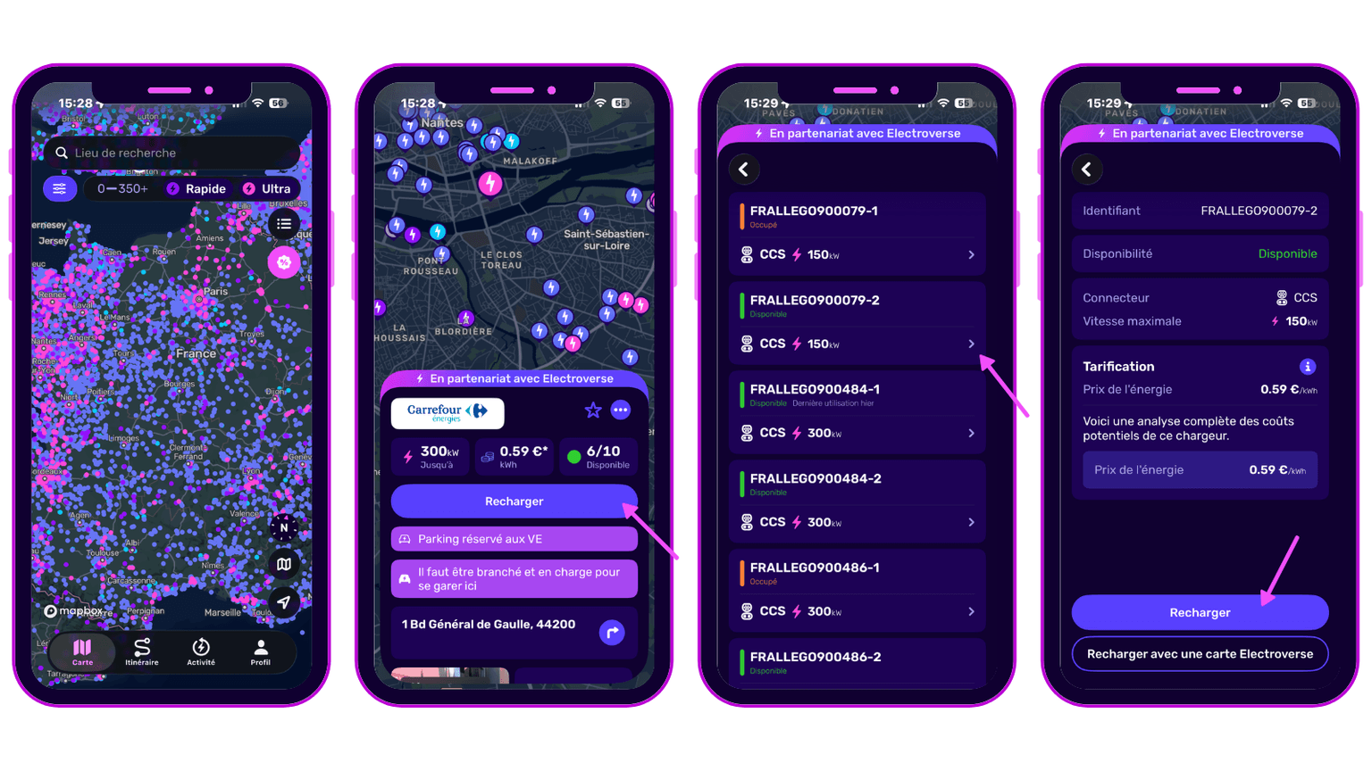 Quatre écrans de smartphones affichent l'application Electroverse indiquant l'emplacement des bornes de recharge en France, avec des informations sur leur disponibilité et leurs tarifs.