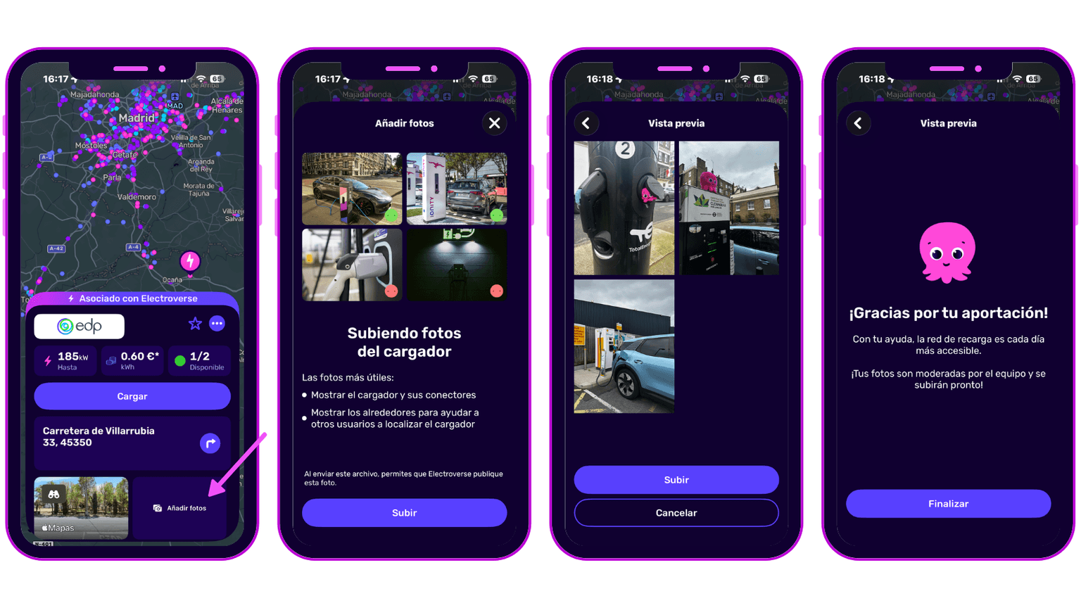 Four smartphone screens showing an electric vehicle charging app with a map, photo upload, preview, and thank you message with a pink octopus icon.