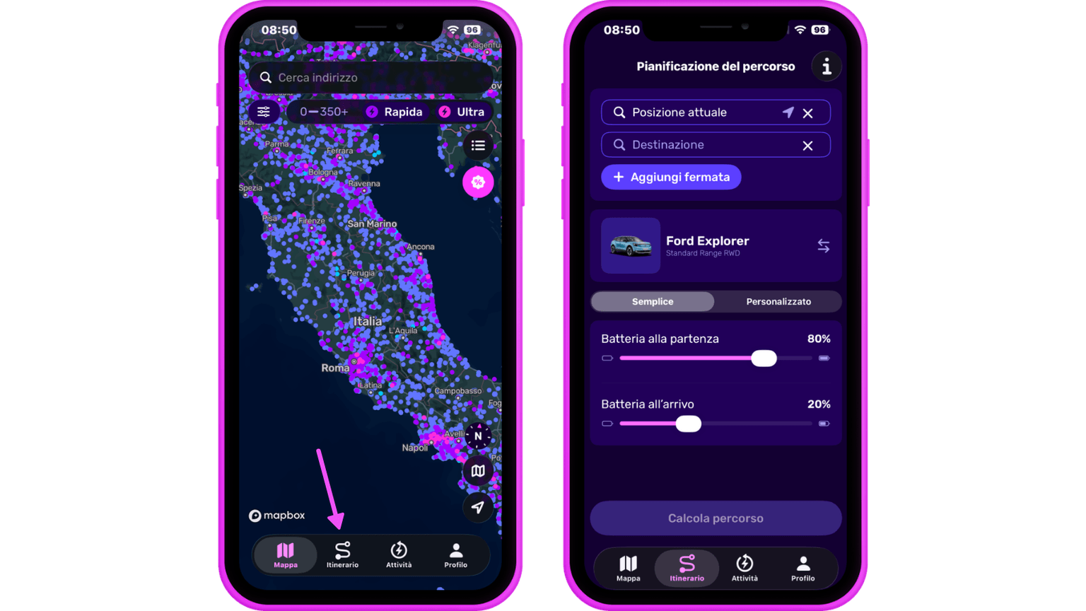 Due schermi di smartphone che mostrano la mappa di un'app di navigazione e un pianificatore di percorso, con i livelli di carica della batteria di un veicolo elettrico indicati all'80% e al 20%.