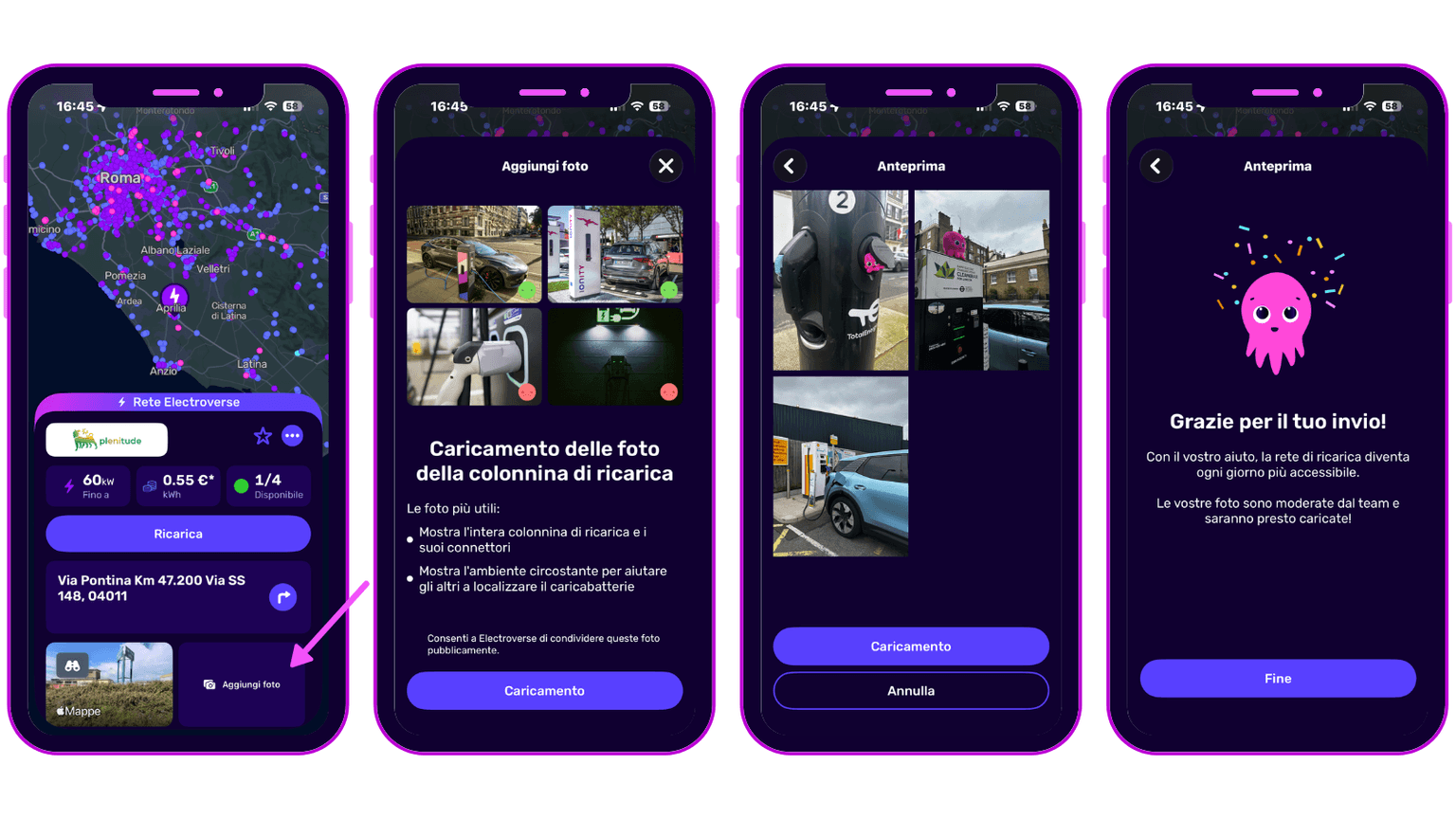 Quattro schermi di smartphone mostrano un'app per caricare foto delle stazioni di ricarica per veicoli elettrici. L'interfaccia è in italiano.
