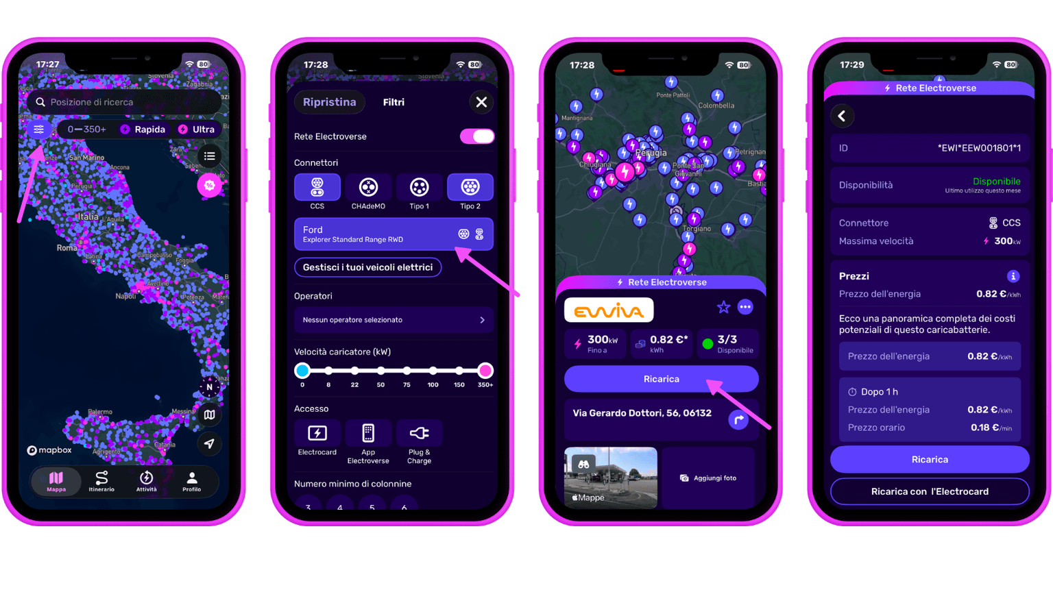 Quattro schermi di smartphone mostrano un'interfaccia di un'app a tema viola con posizioni sulla mappa, dettagli sulla ricarica dei veicoli elettrici e opzioni per la pianificazione del percorso.