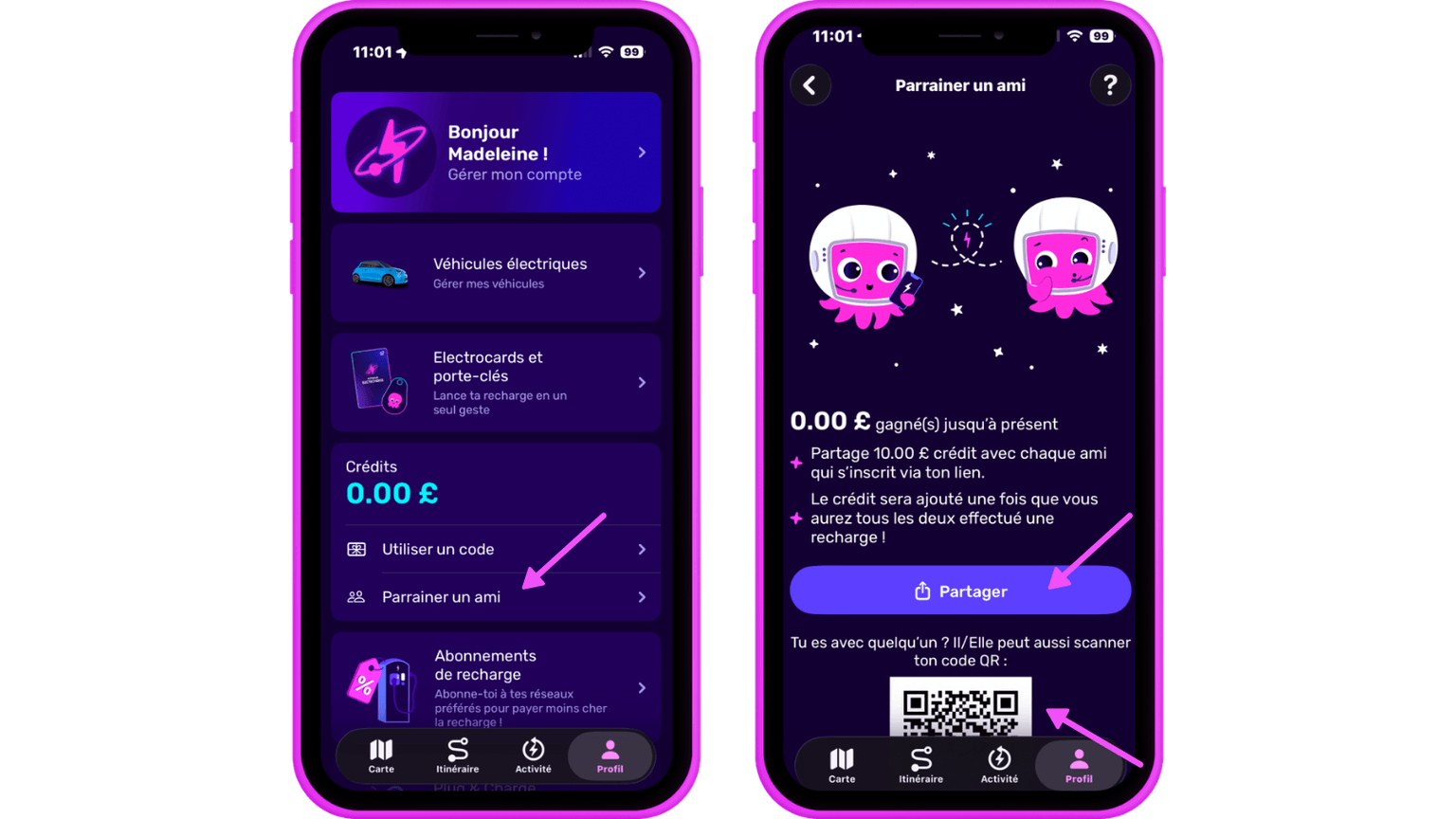 Deux écrans de smartphone affichant une application en français — avec les détails du compte utilisateur et les fonctionnalités de parrainage — et présentant une interface aux couleurs vives mêlant violet et rose.