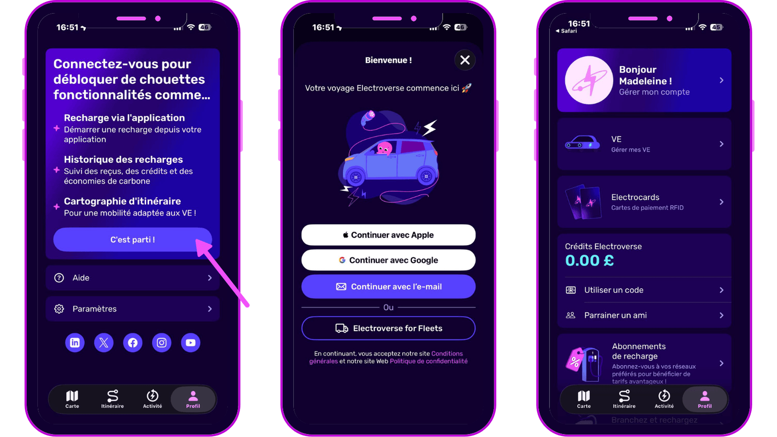 Trois écrans de smartphone affichent une application pour véhicule électrique proposant des fonctionnalités telles que l'historique de recharge, la cartographie d'itinéraire et la gestion de compte.