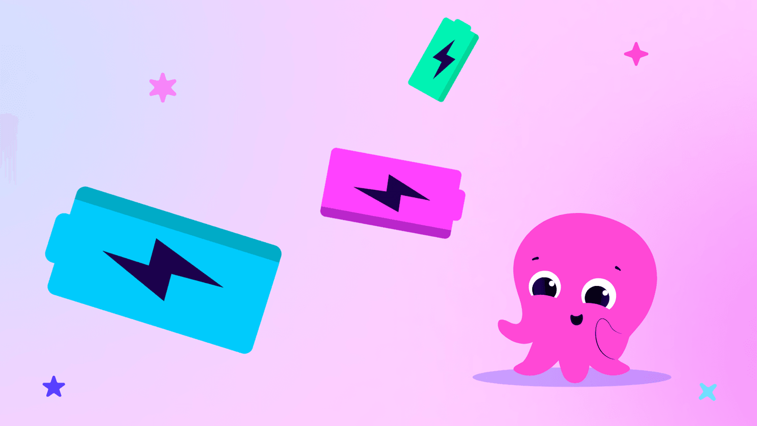 Une adorable pieuvre rose entourée de piles et d'étoiles colorées flottantes sur un fond dégradé pastel.