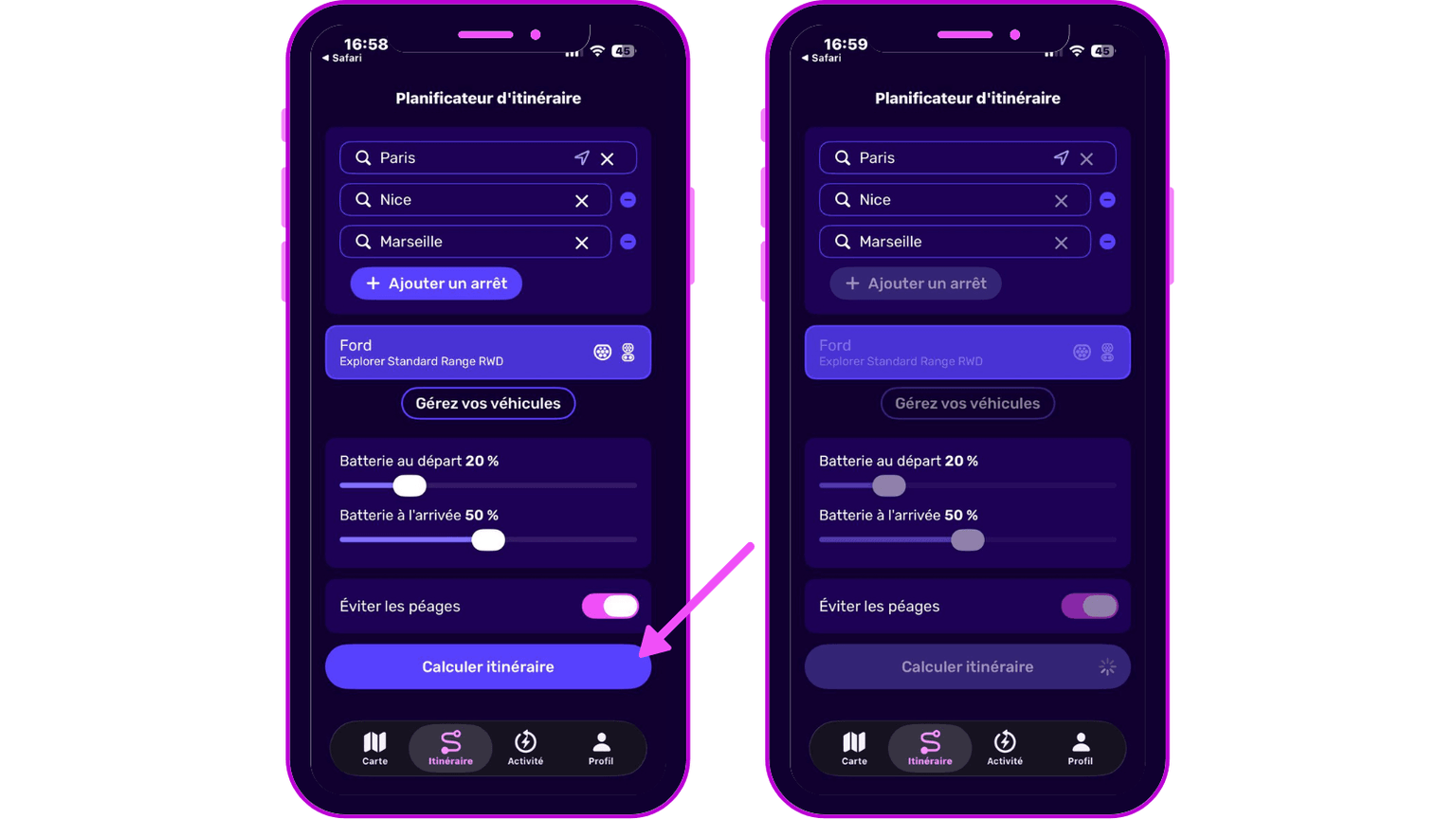 Deux écrans de smartphone affichent l'interface d'une application de planification d'itinéraire avec des options pour les destinations, les paramètres du véhicule, les niveaux de batterie et l'évitement des péages.