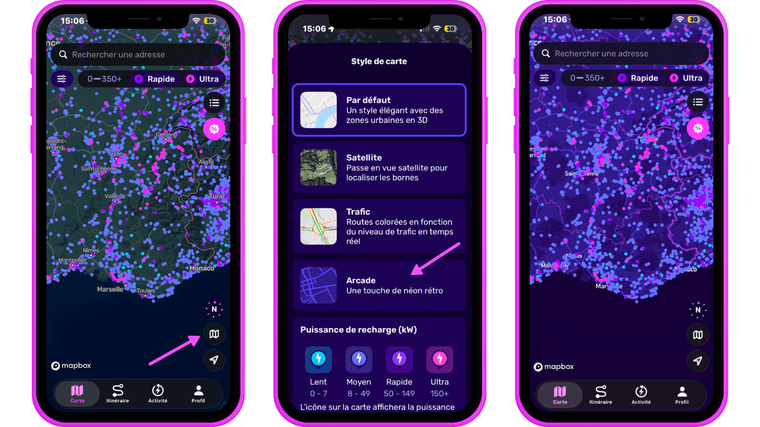 Trois écrans de smartphone affichent une application de cartographie proposant différents styles et options de recharge, au sein d'une interface aux couleurs néon.