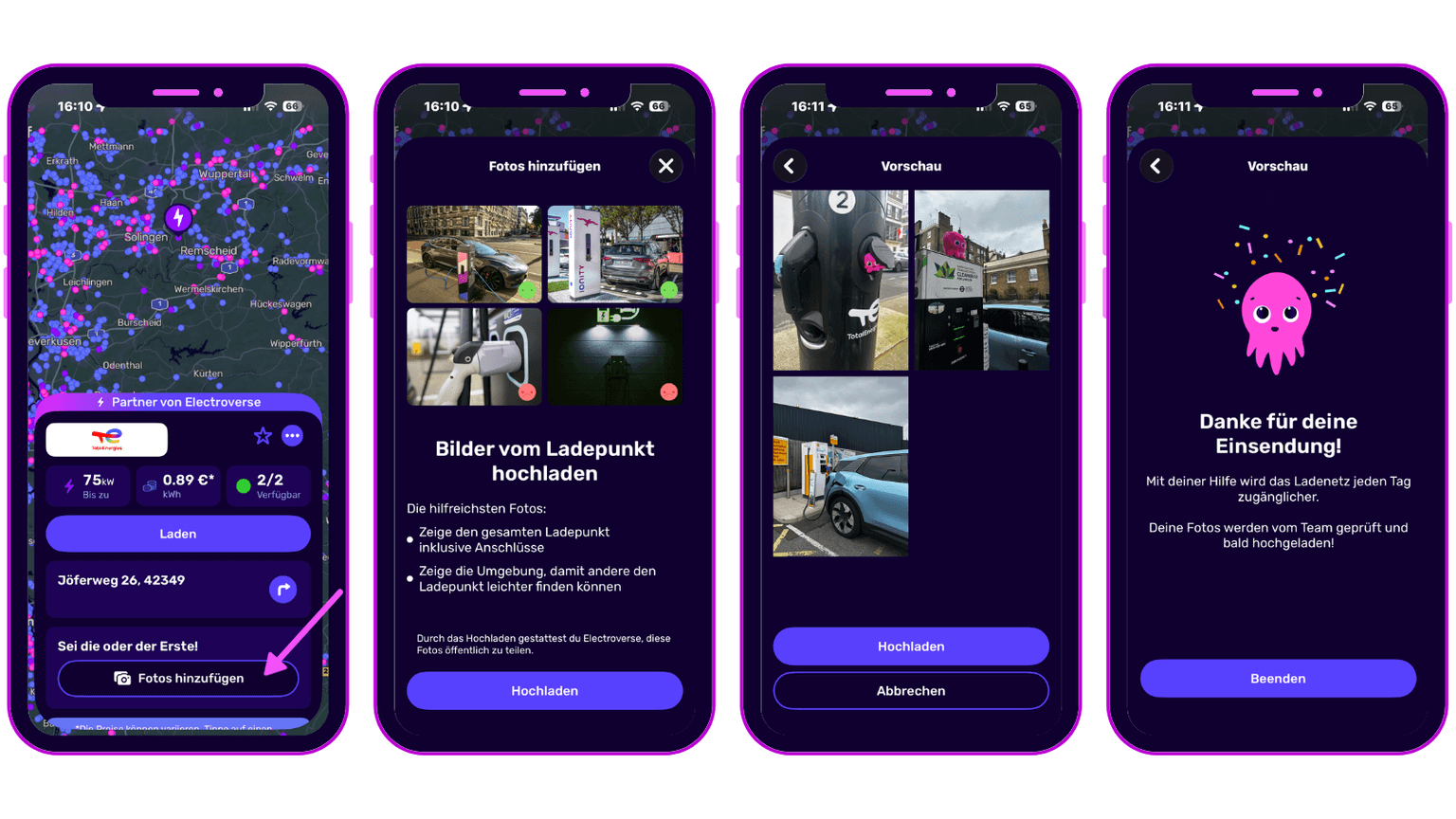 Four smartphone screens display an app for finding and uploading electric vehicle charging station images with map, photo, and confirmation screens.