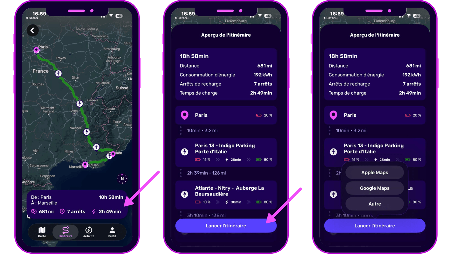 Trois écrans de smartphone affichant un itinéraire de Paris à Marseille, les détails du voyage et les options de navigation, avec une interface à dominante violette.