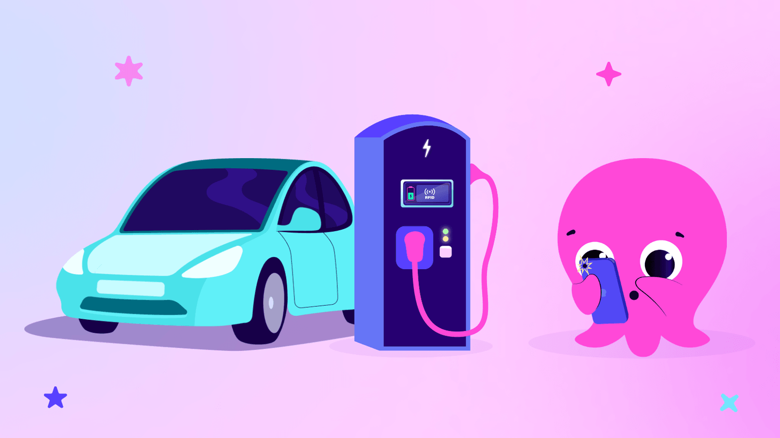 Une adorable pieuvre rose prend une photo d'une voiture turquoise en train de se recharger à une borne électrique, sur un fond dégradé de rose et de violet.