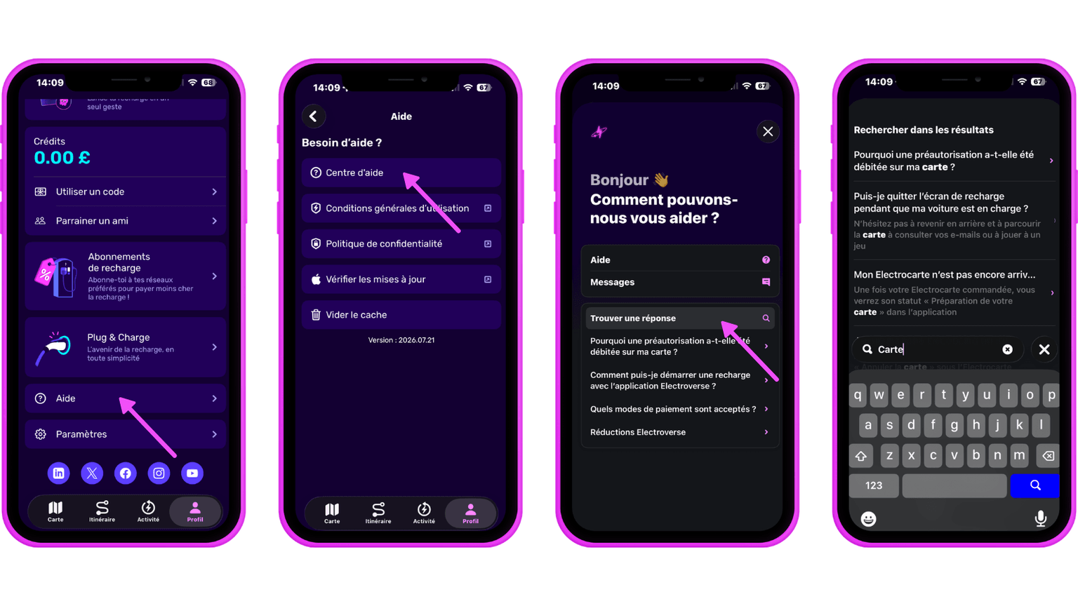 Quatre écrans de smartphone affichant l'interface d'une application de gestion de la recharge de véhicules électriques, avec l'affichage des crédits, des options d'aide et des résultats de recherche.