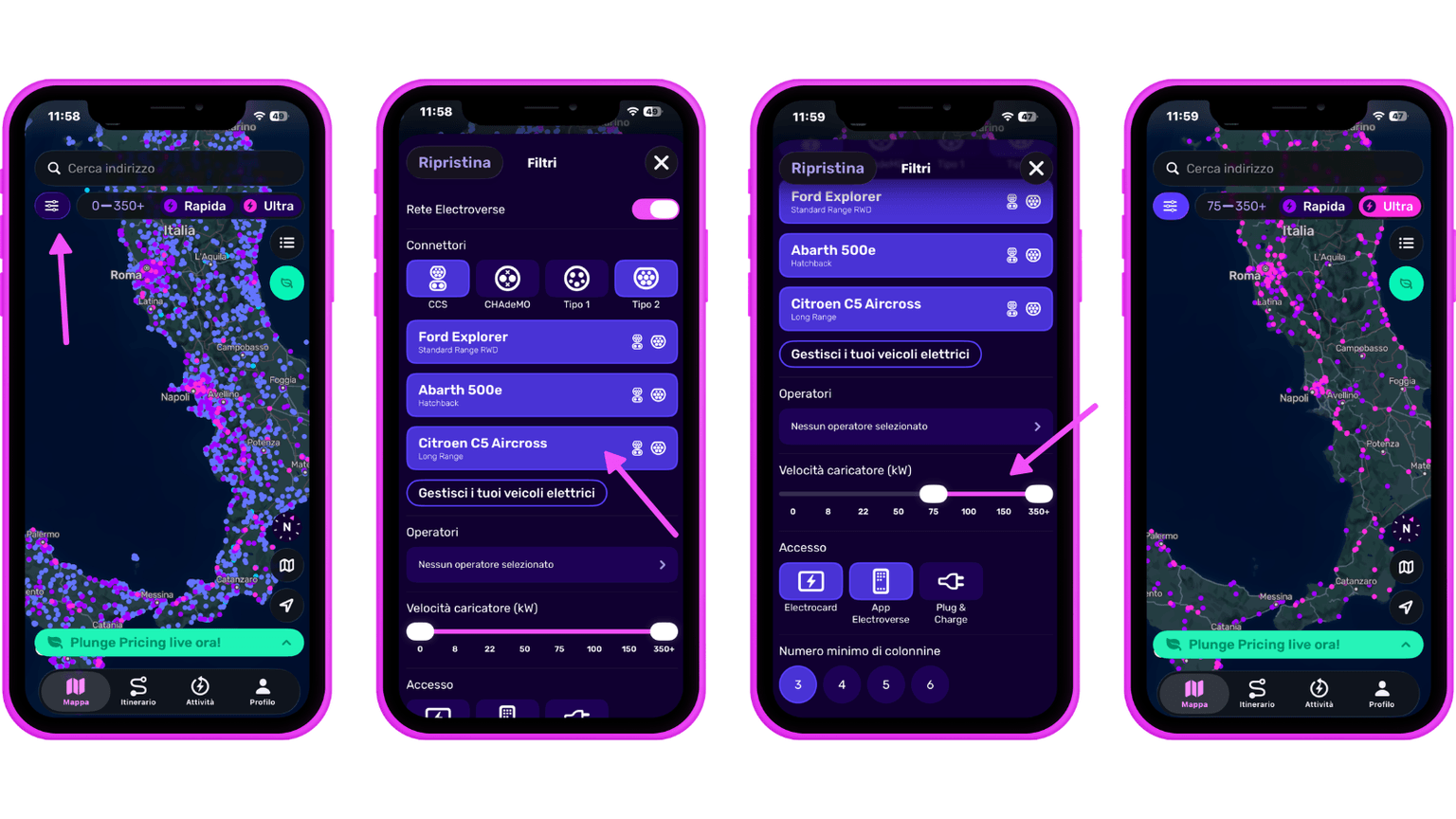 Quattro schermate di smartphone che mostrano un'app per la ricarica di auto elettriche con mappe dell'Italia, filtri per tipologia di veicolo e opzioni per la velocità di ricarica.