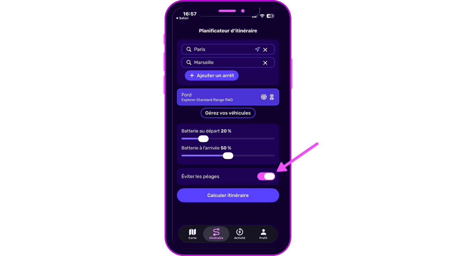 Application de planification d'itinéraire sur smartphone avec un trajet Paris-Marseille. L'option « Éviter les péages » est activée.