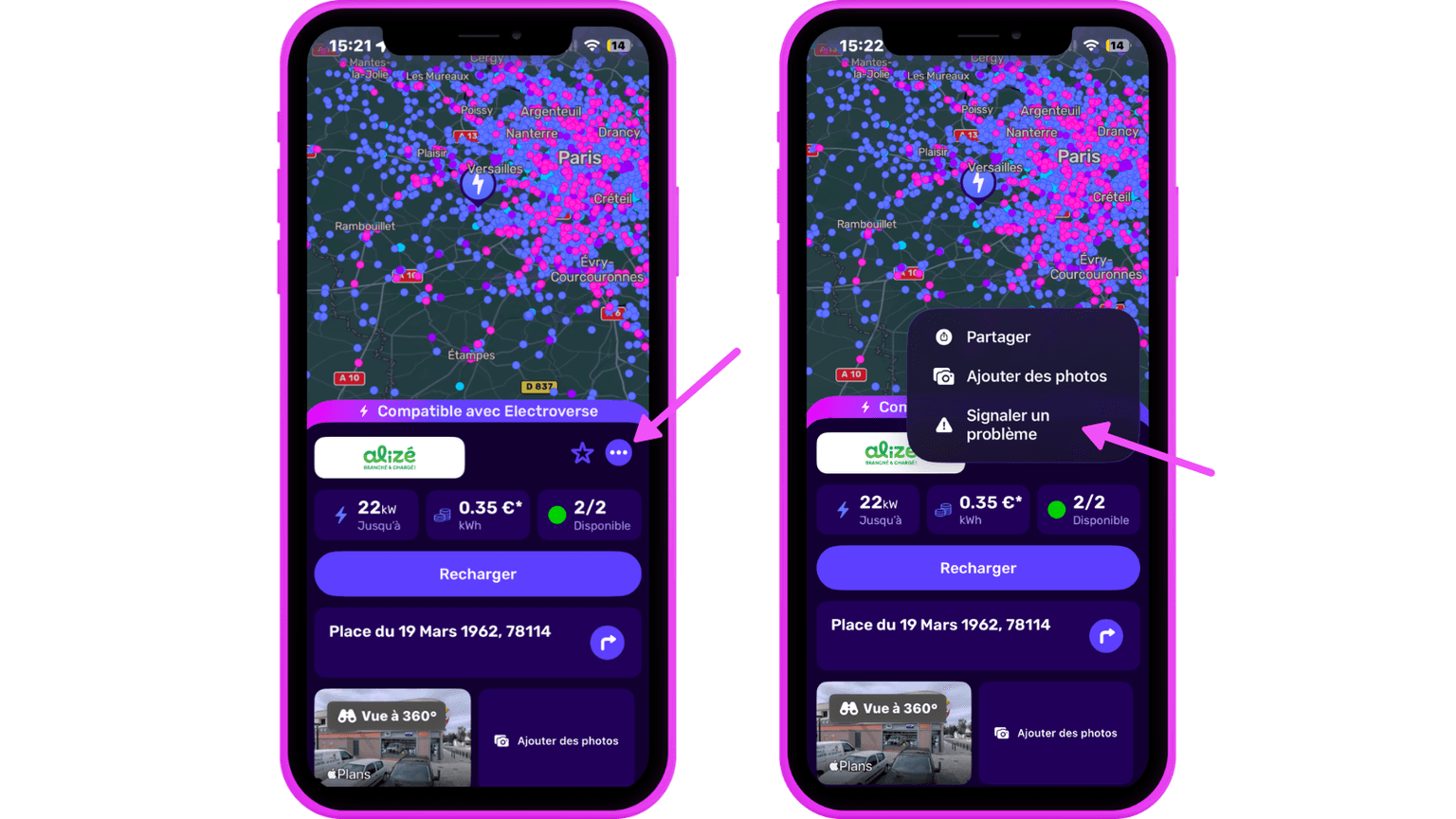 Les écrans des smartphones, placés côte à côte, affichent une carte indiquant les bornes de recharge électriques ainsi que des options permettant de partager, d'ajouter des photos ou de signaler un problème.