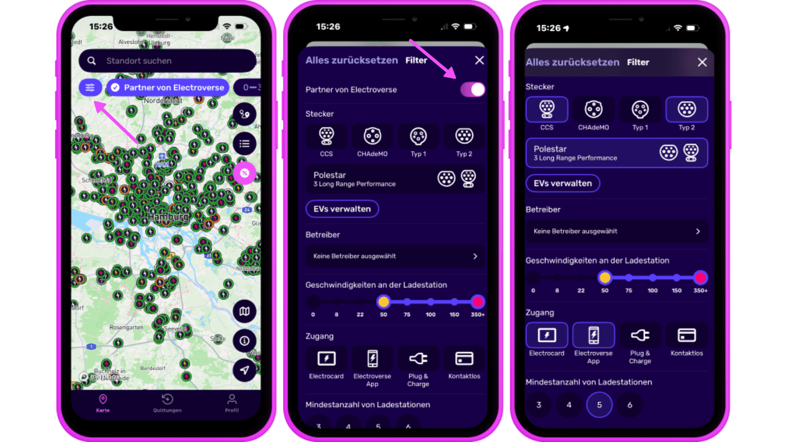 Screenshots der Electroverse-App – Registerkarte „Filter“