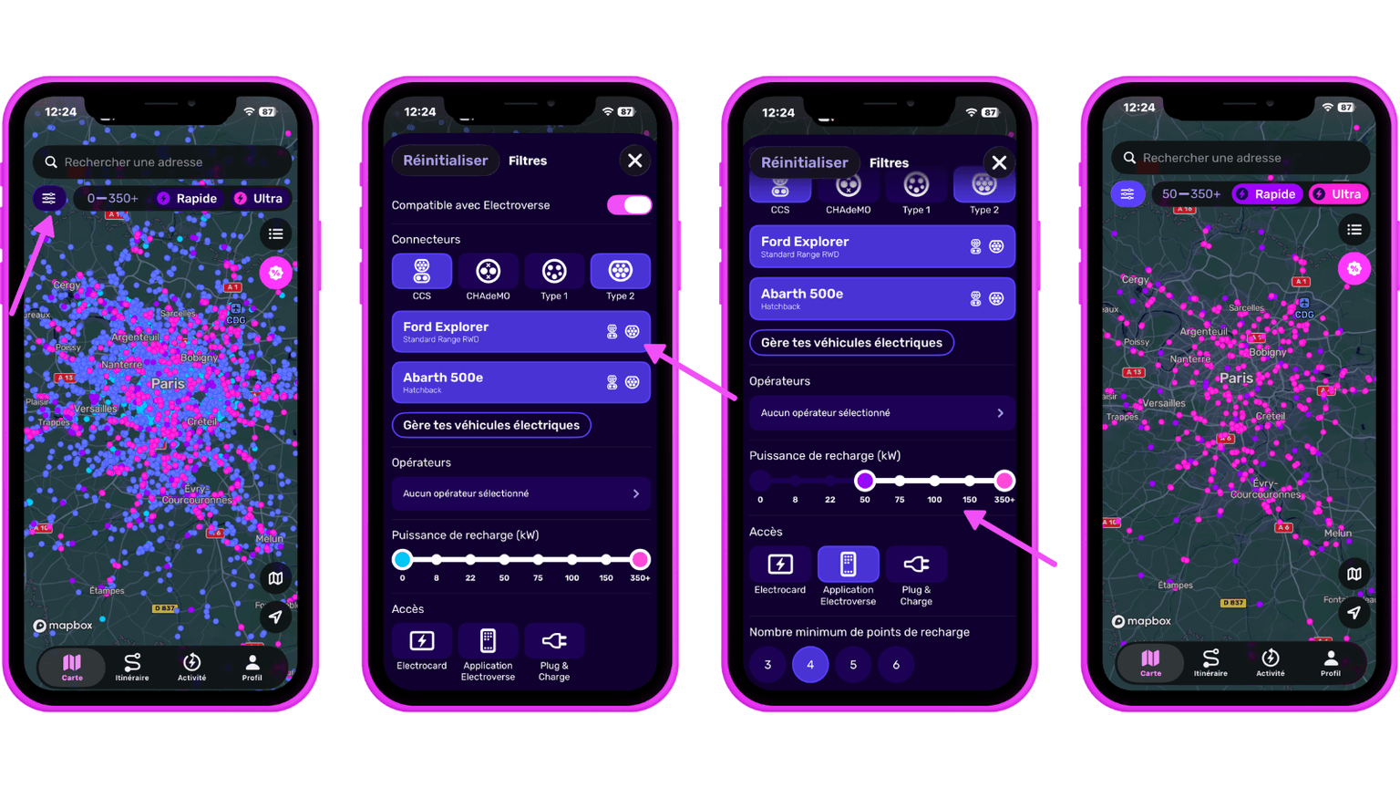 Quatre écrans de smartphone affichent l'interface d'une application de bornes de recharge, avec une carte et des paramètres de filtrage dans des tons violets et bleus.