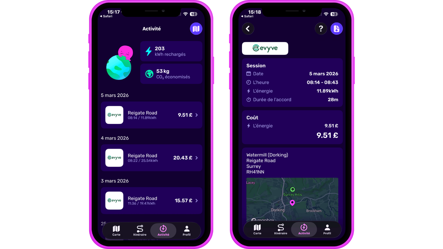 Deux écrans de smartphone affichant l'interface d'une application au thème sombre, avec des informations sur les activités, les dates, les coûts, des cartes et la consommation d'énergie représentée par des icônes « kilogreen ».