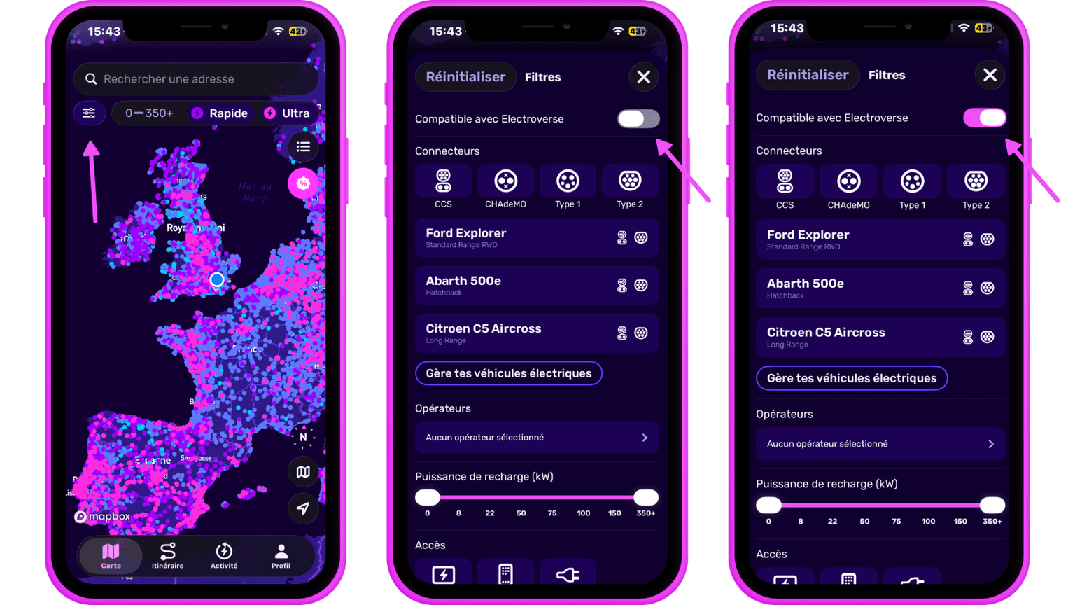 Trois écrans de smartphone affichant une interface d'application pour la compatibilité des véhicules électriques et les options de recharge avec paramètres de carte et de filtre.