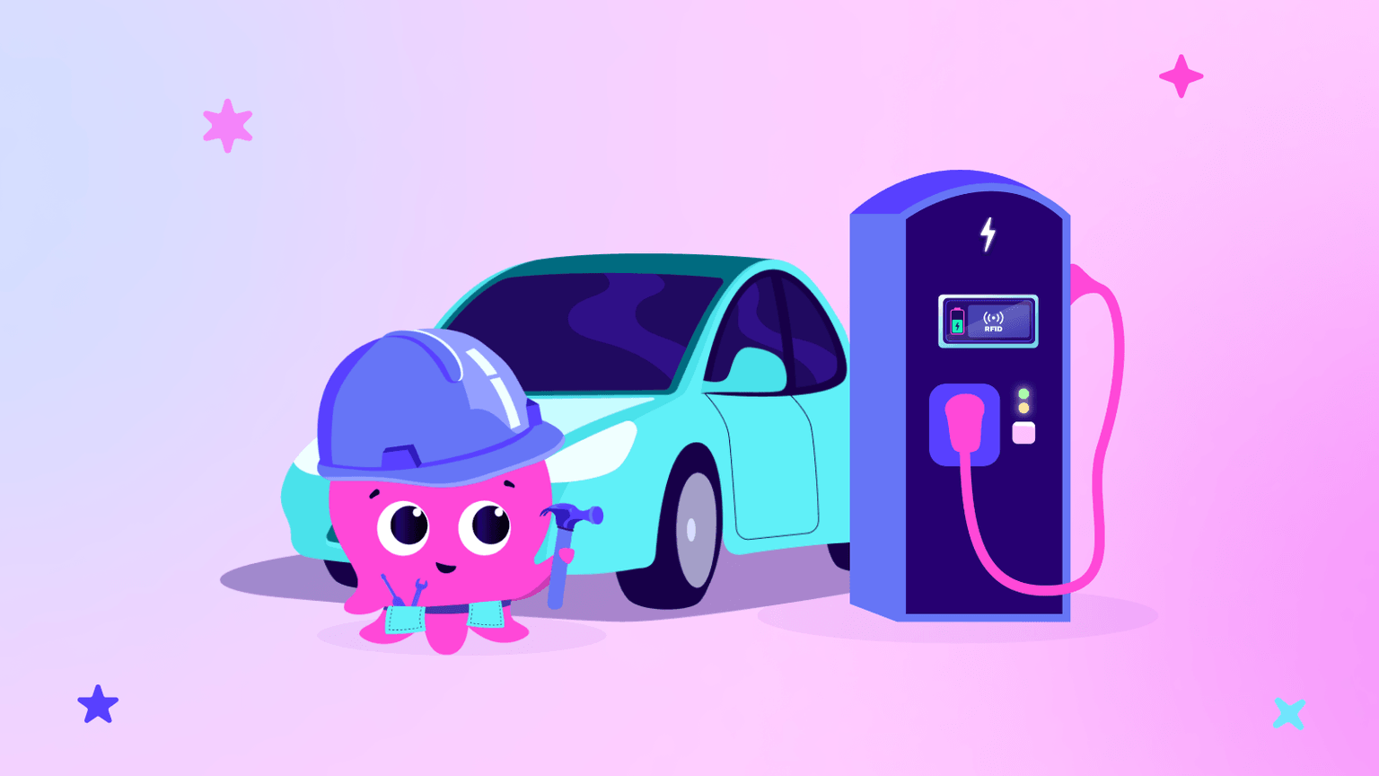 Une adorable pieuvre violette, coiffée d'un casque bleu et tenant un marteau, se tient près d'une voiture électrique turquoise à une borne de recharge, sur un fond rose et violet.