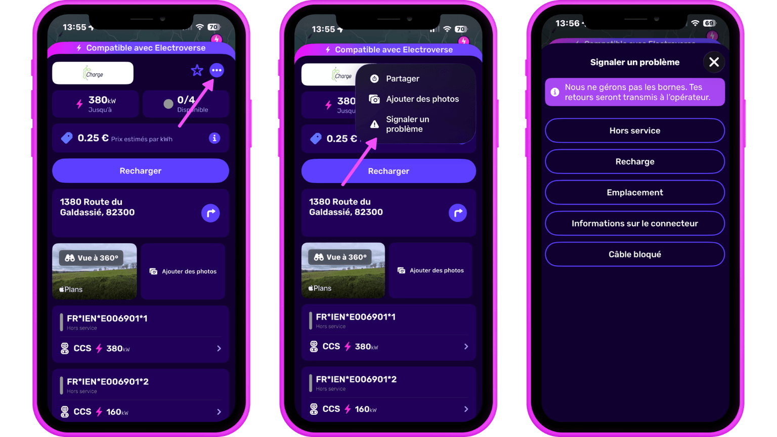 Trois écrans de smartphone affichant une application de recharge pour véhicules électriques. Les fonctionnalités incluent l'état de la recharge, les coûts et le signalement d'un problème.