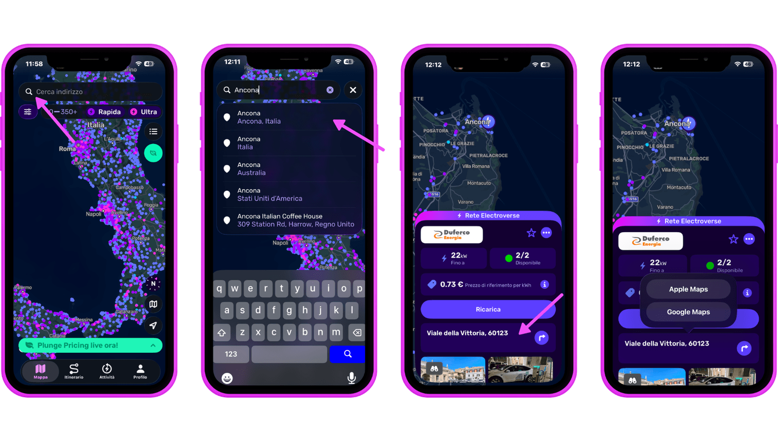 Quattro schermi di smartphone mostrano un'app di navigazione impostata su Ancona, Italia, con icone della mappa viola e blu e i dettagli delle stazioni di ricarica evidenziati.