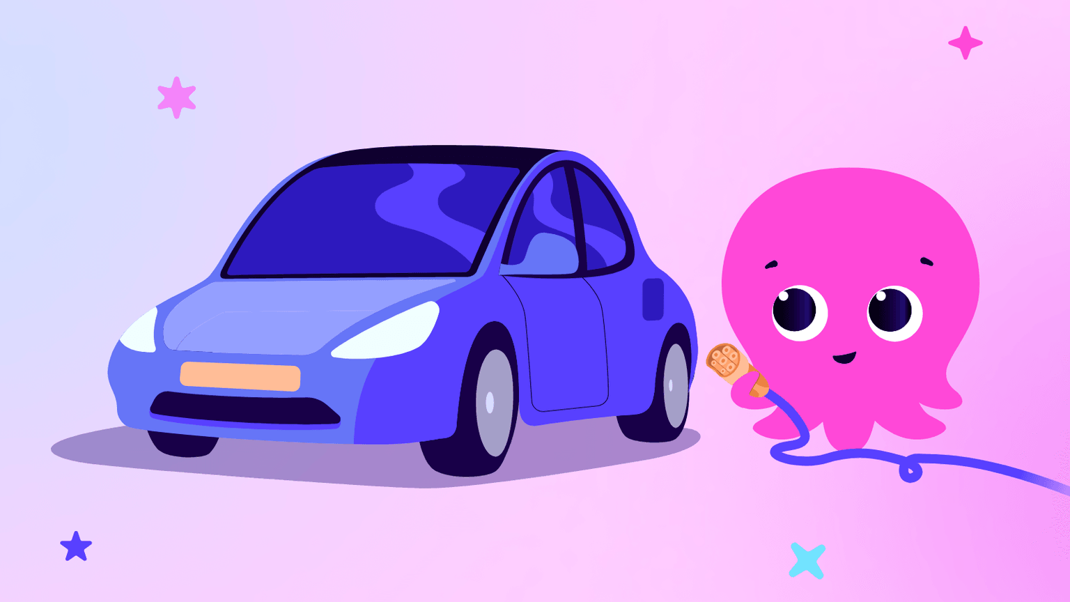 Une pieuvre rose de dessin animé recharge joyeusement une voiture électrique bleue à l'aide d'une prise, sur un fond aux couleurs pastel parsemé d'étoiles.