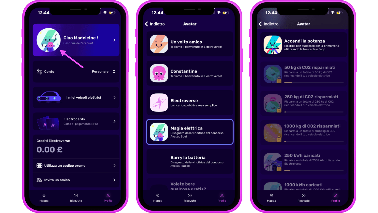 Interfaccia dell'app Octopus Electroverse con icone per scegliere un avatar nell'app.