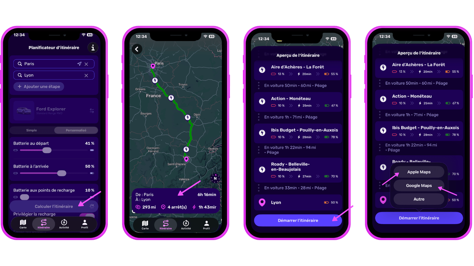 Quatre smartphones affichent une application de voyage proposant un itinéraire de Paris à Lyon, avec indication des niveaux de batterie, des arrêts et des options de carte.