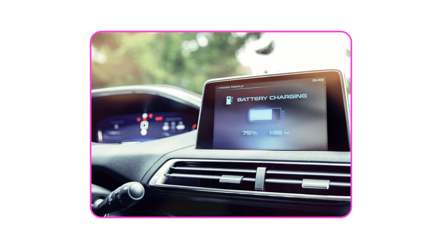 EV battery charging dashboard. Tableau de bord de charge de la batterie du véhicule électrique.