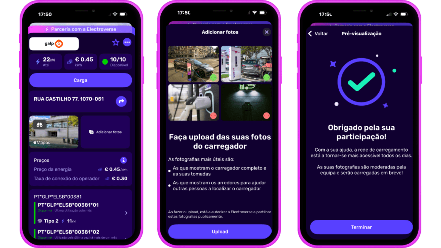Três ecrãs de smartphones mostrando a interface da aplicação Electroverse para carregamento de veículos elétricos, envio de fotos e confirmação de participação.