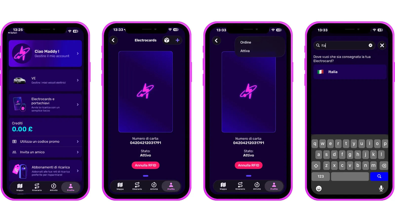 Quattro schermi di smartphone mostrano l'interfaccia di un'app dedicata ai veicoli elettrici, con sezioni per account, carte e la ricerca di località in Italia.