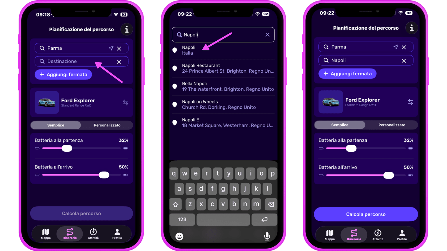 Tre schermate di smartphone mostrano un'app per la pianificazione di percorsi in lingua italiana. Le funzionalità includono l'impostazione dei punti di partenza e di destinazione, la selezione del modello di auto e la visualizzazione dei livelli della batteria.