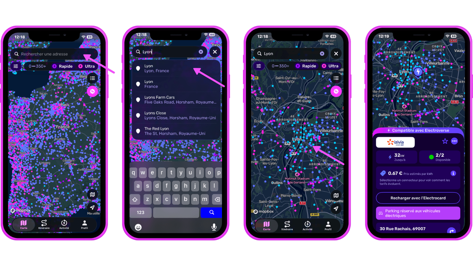 Quatre écrans de smartphone affichant l'interface d'une application de cartographie avec des résultats de recherche et des détails sur les bornes de recharge à Lyon (France), mis en évidence en rose et en bleu.