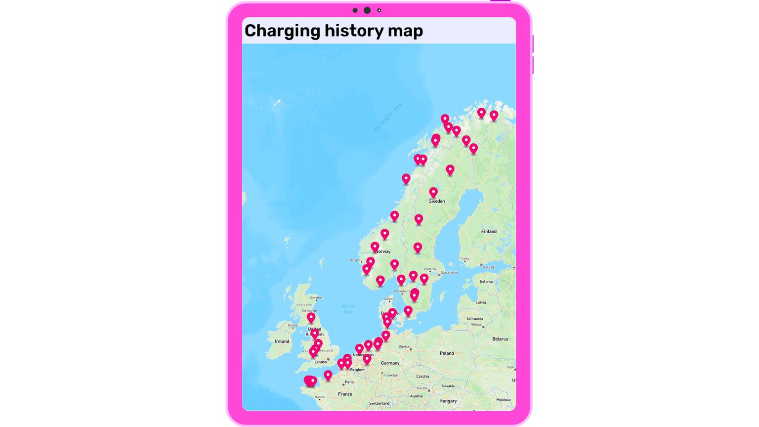 Map on a tablet screen showing charging station locations across Northern Europe, marked with pink pins.