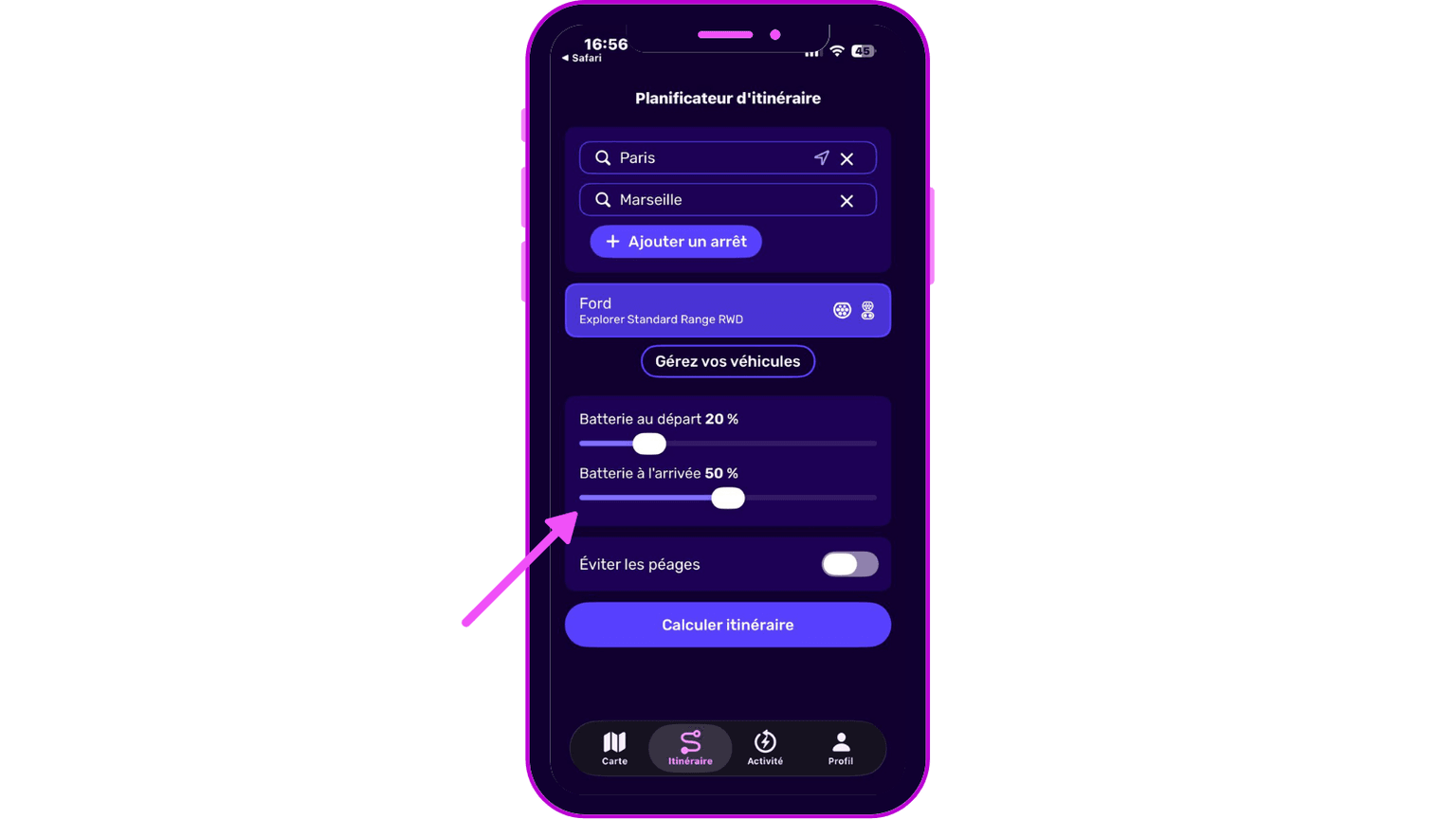 Écran de smartphone affichant une application de planification d'itinéraire de Paris à Marseille, avec les paramètres de la batterie et les options de voyage.