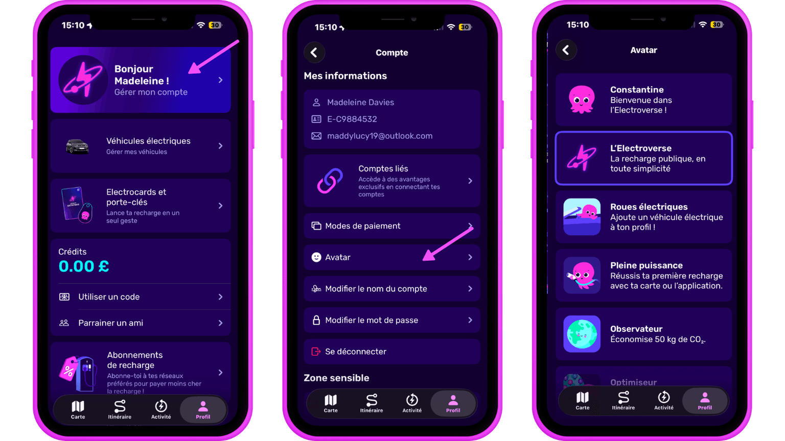 Trois écrans de smartphone affichant l'interface d'une application française pour véhicules électriques, avec les informations du compte, les paramètres de l'avatar et les options de recharge.