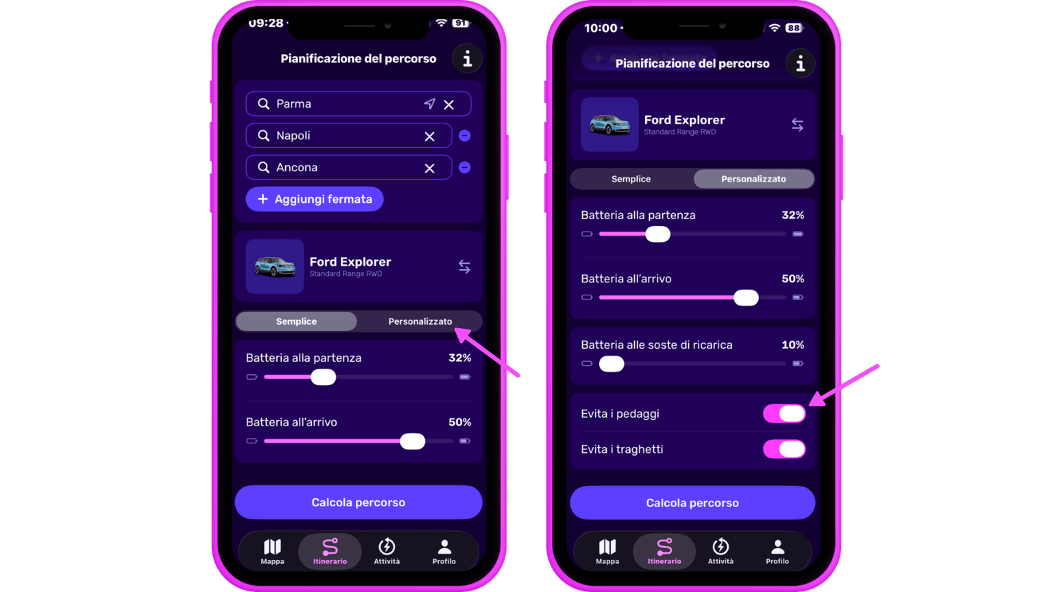 Due schermi di smartphone mostrano un'app per la pianificazione del percorso in italiano per una Ford Explorer, con impostazioni della batteria e opzioni di personalizzazione dell'itinerario.