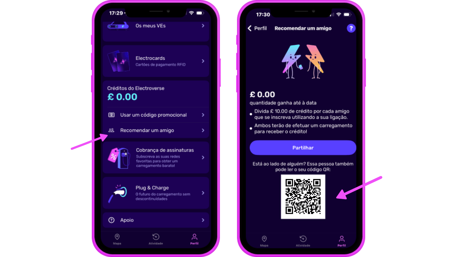 Dois ecrãs de smartphones exibem uma interface da aplicação Electroverse com um tema roxo, com opções de créditos, indicações e um código QR para partilha.