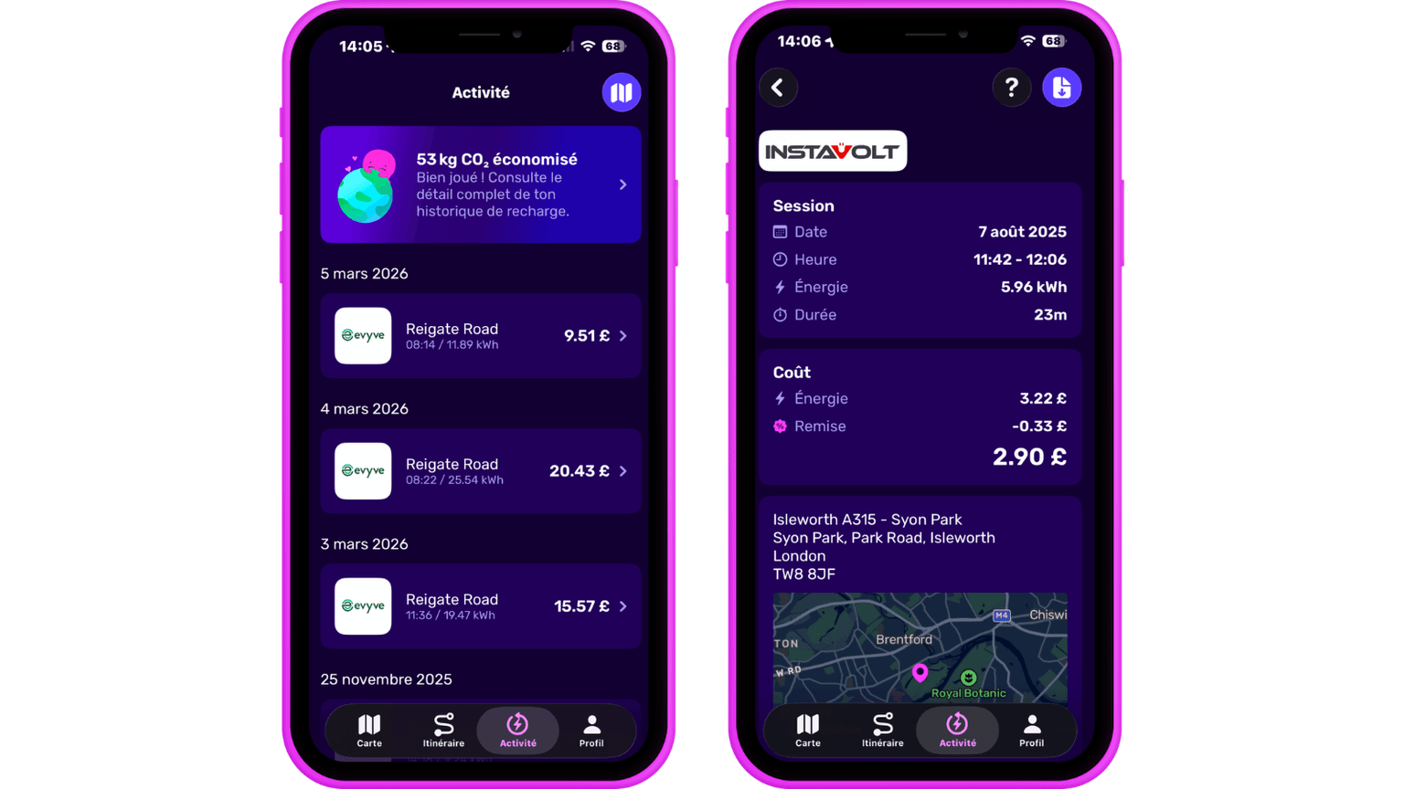 Deux écrans de smartphone affichant une application en français qui présente les activités de recharge de véhicules électriques, les coûts et une carte de localisation.