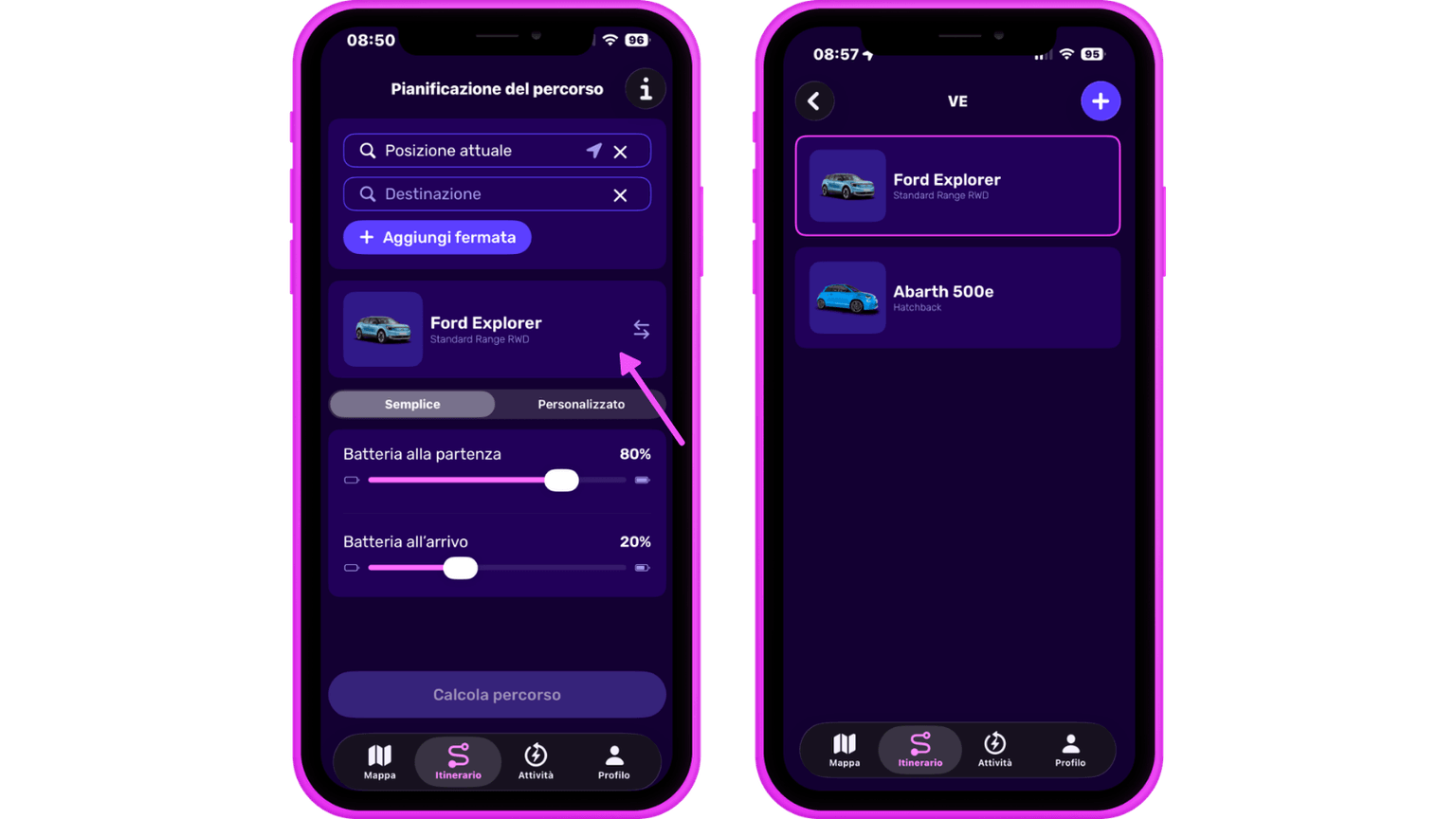 Due schermi di smartphone mostrano l'interfaccia di un'app per la pianificazione del percorso e la selezione del veicolo, con opzioni per Ford Explorer e Abarth 500e.