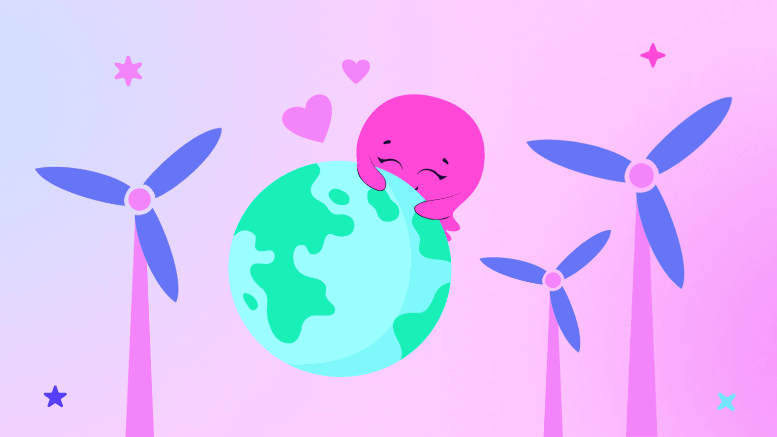 Un simpatico polpo che abbraccia la Terra, circondato da turbine eoliche e cuori, su uno sfondo rosa e blu.