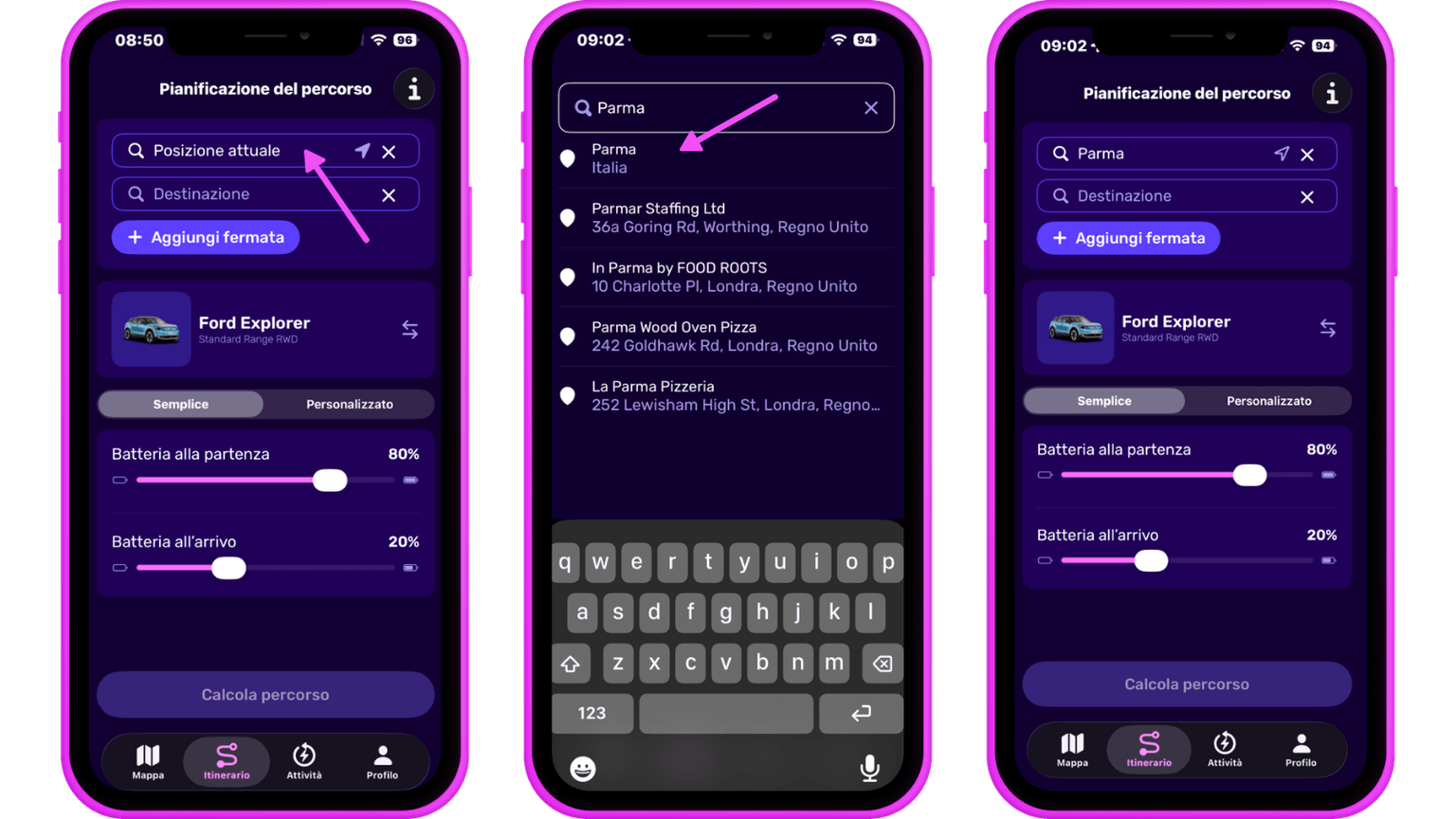 Tre schermi di smartphone mostrano un'app per la pianificazione del percorso in italiano, visualizzando la posizione attuale, le opzioni di destinazione e le impostazioni della batteria del veicolo.