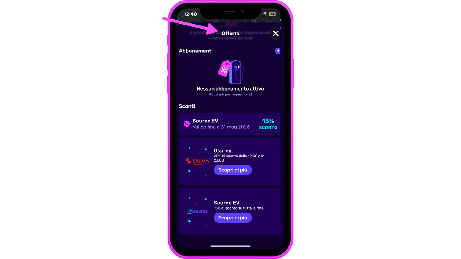 Schermo di uno smartphone che mostra un'app con offerte attive, tra cui sconti di Source EV e Osprey in italiano.