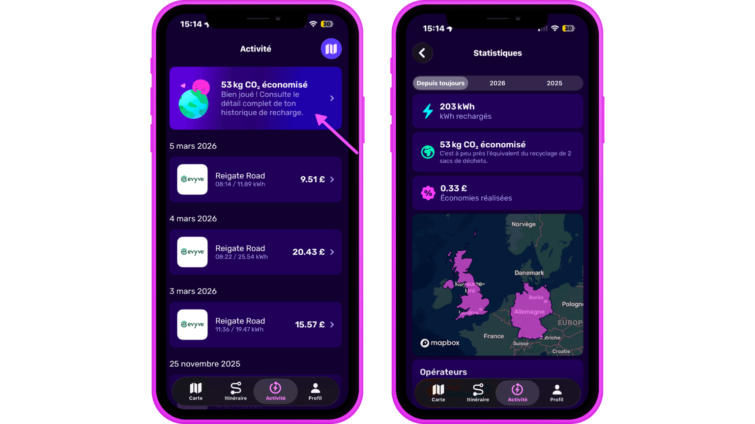 Deux écrans de smartphone affichent une application indiquant les économies de CO2, la consommation d'énergie, les coûts ainsi qu'une carte avec des régions mises en évidence.