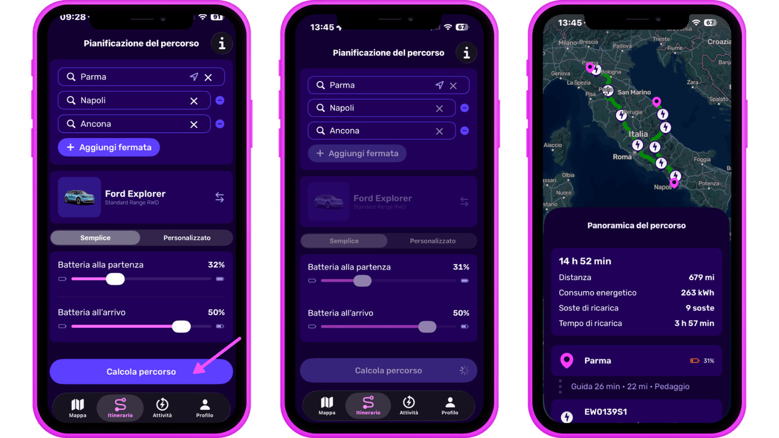 Tre schermi di smartphone che mostrano un'app di pianificazione itinerari per veicoli elettrici in italiano, con percorsi, soste, percentuale della batteria e una mappa dell'Italia.