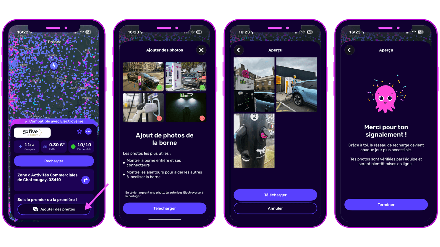 Quatre écrans mobiles affichent une application permettant d'ajouter des photos de bornes de recharge, avec des options de téléchargement et un message de remerciement pour les contributions.