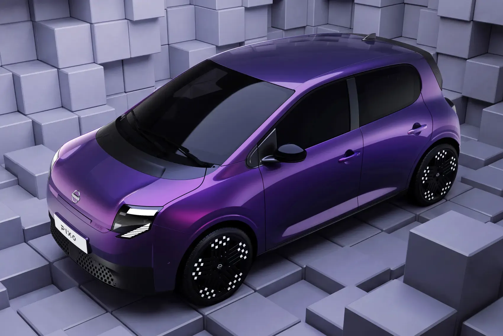 Ein elegantes violettes Elektroauto steht vor einem geometrischen Hintergrund mit grauem Blockmuster.