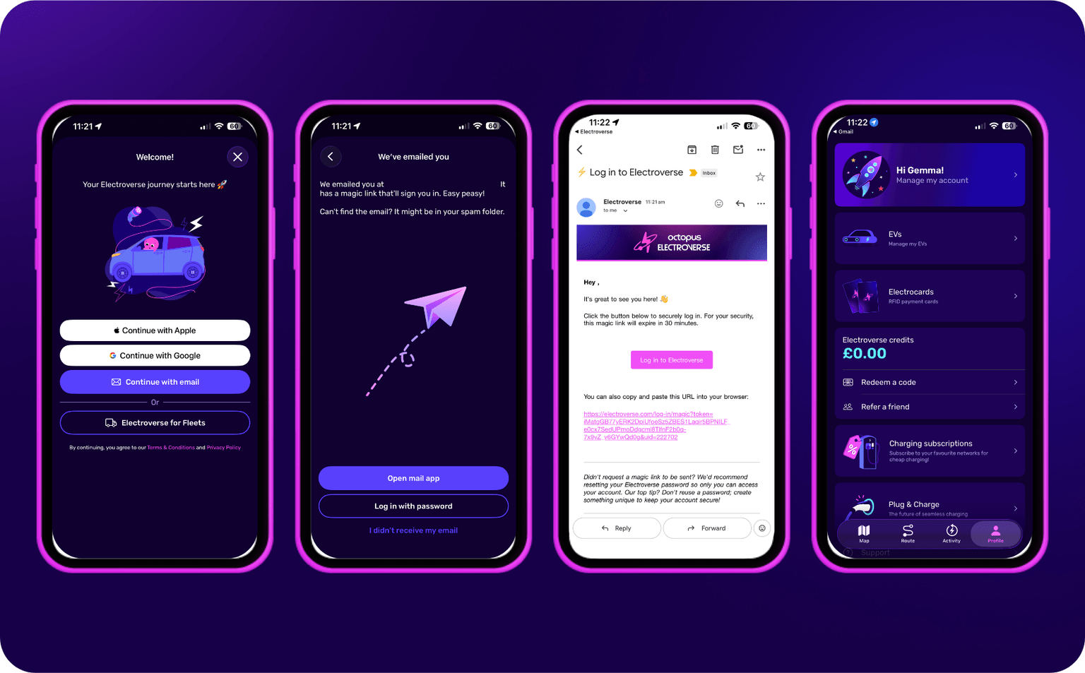 Four smartphone screens display an electric car app interface, including login, email verification, and account dashboard in a dark theme.