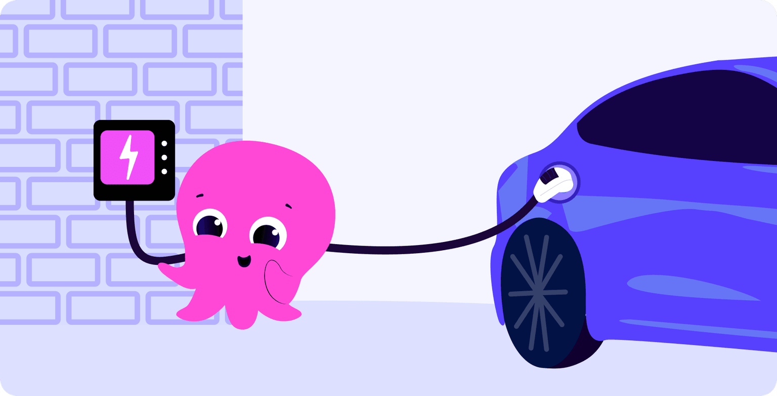 Un polipo rosa dei cartoni animati carica un'auto elettrica blu utilizzando un tablet e un cavo, sullo sfondo di un muro di mattoni.