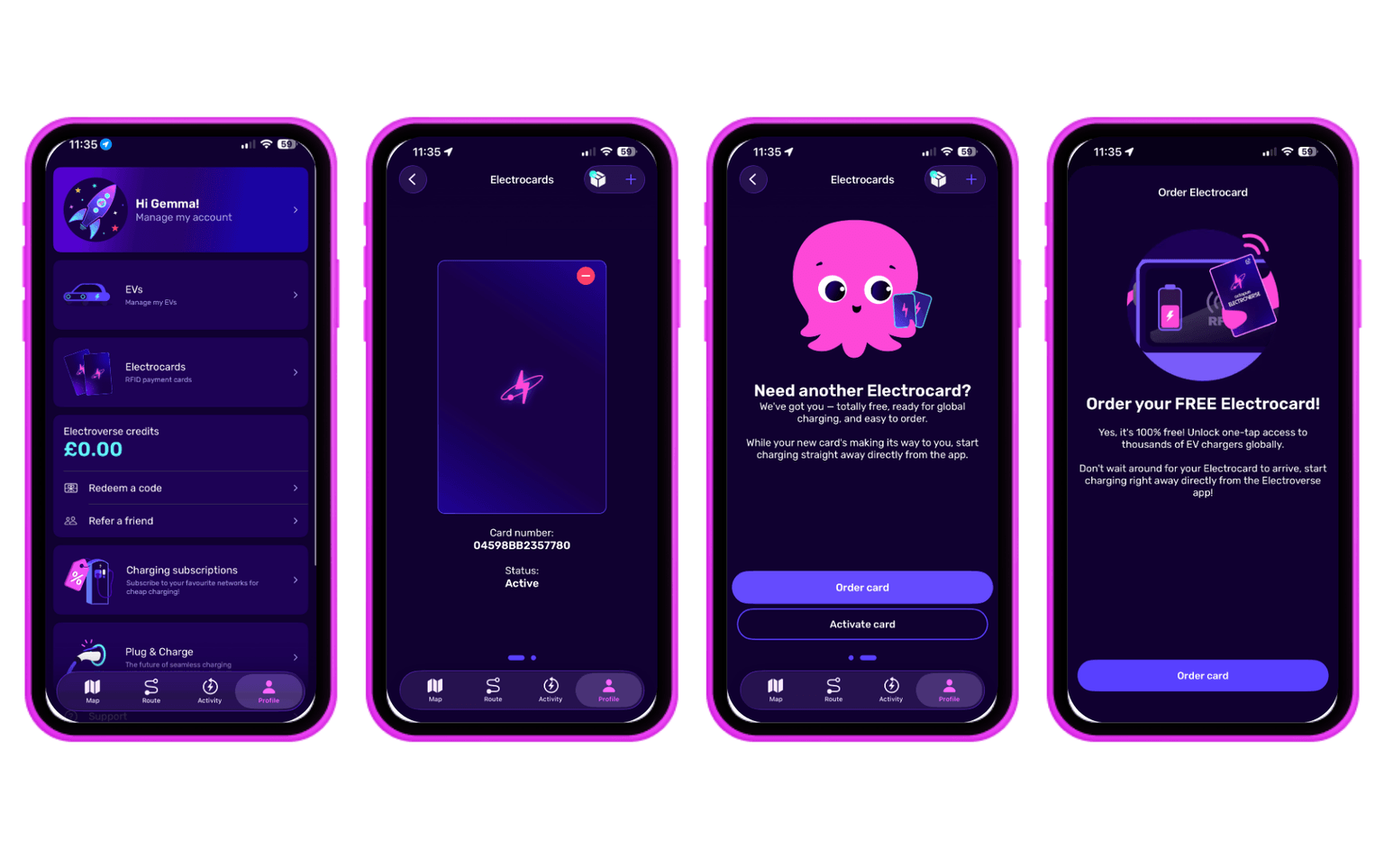 Four smartphone screens display a dark-themed payment app with a menu, card details, activation prompts, and an order option featuring a pink octopus icon.